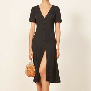 NWOT Reformation Black Crepe Locklin Button-Down V-Neck Dress